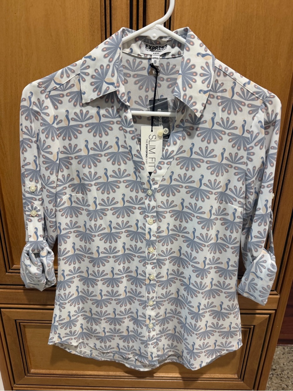 Express Womens Button-Down Shirt - White with Light Blue and Pale Pink Pattern